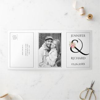 Black white ampersand with pink roses wedding Tri-Fold invitation