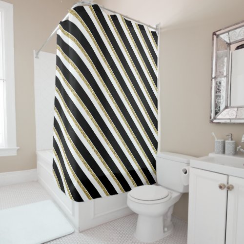 Black White and a Glittery Gold Diagonal Lines Shower Curtain