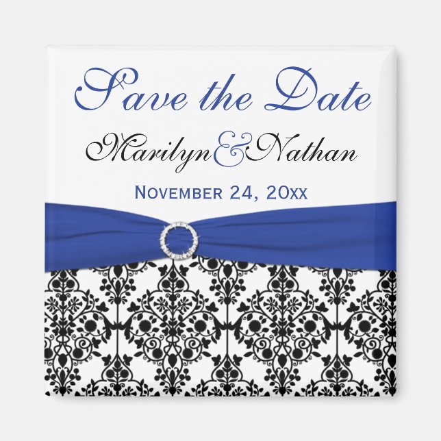 Black, White, and Blue Damask Save the Date Magnet (Front)