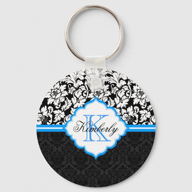 Black White And Blue Floral Damasks Keychain (Front)