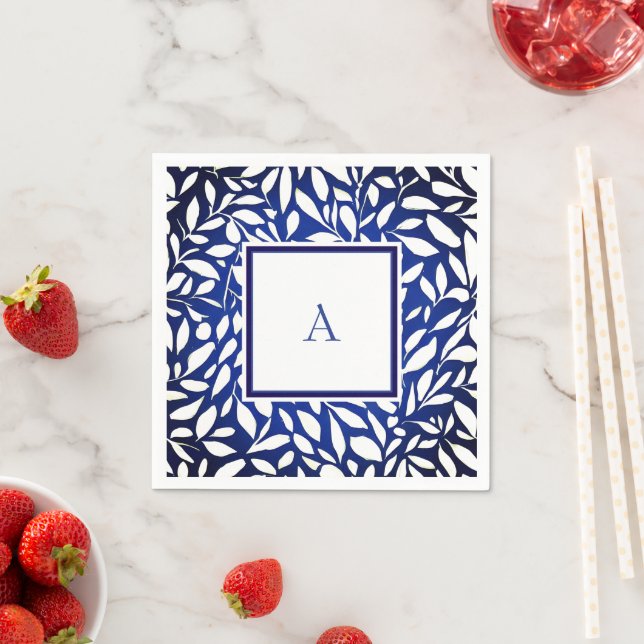 Black, White and Blue Monogram Leaf Pattern Napkins (Insitu)