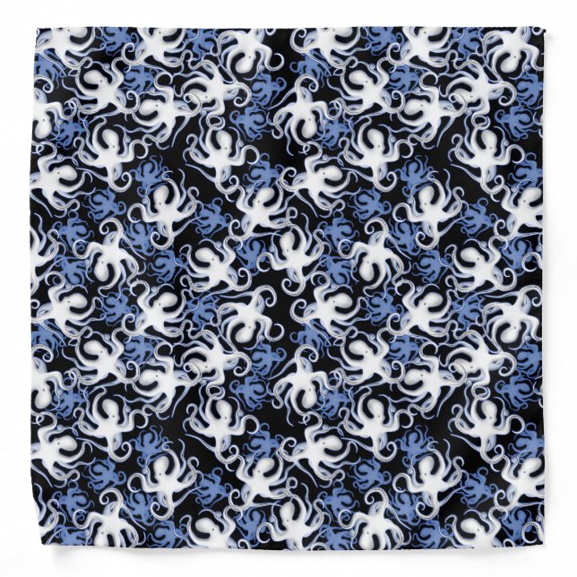 Black, White and Blue Octopus Seamless Pattern Bandana (Front)