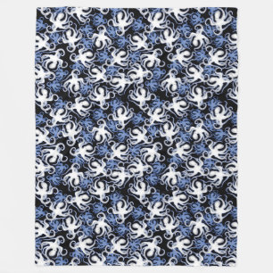 Black, White and Blue Octopus Seamless Pattern Fleece Blanket