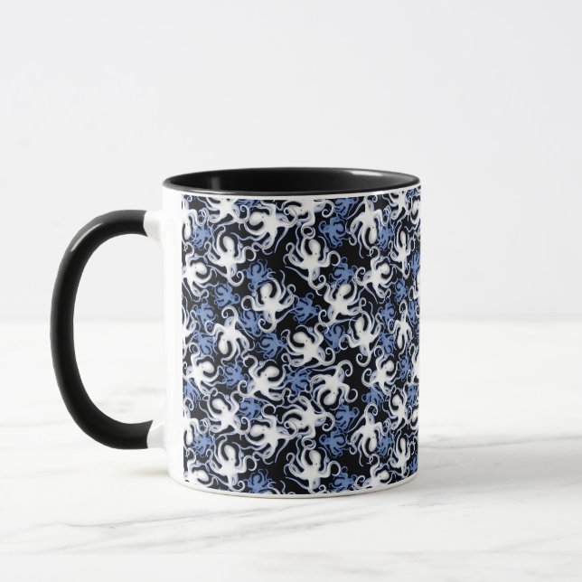 Black, White and Blue Octopus Seamless Pattern Mug (Left)