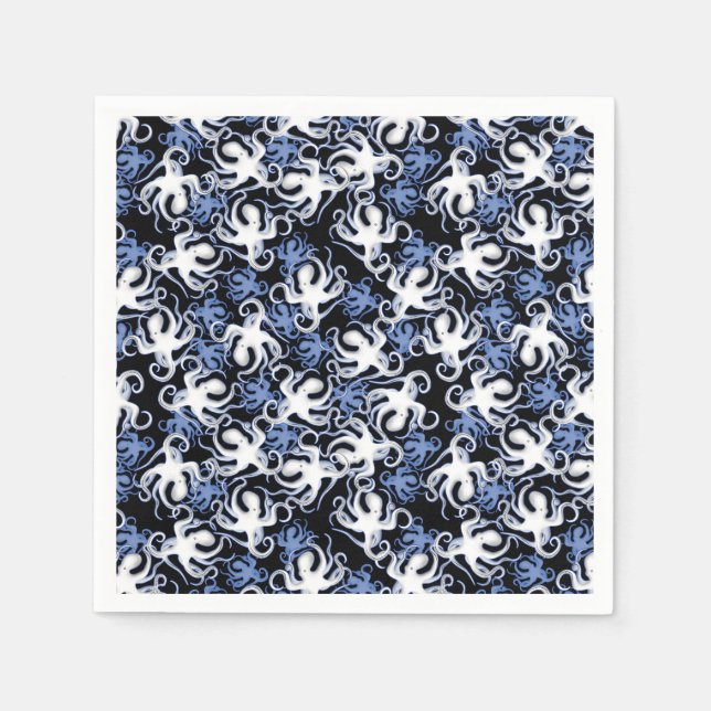 Black, White and Blue Octopus Seamless Pattern Napkins (Front)