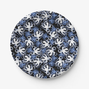 Black, White and Blue Octopus Seamless Pattern Paper Plates
