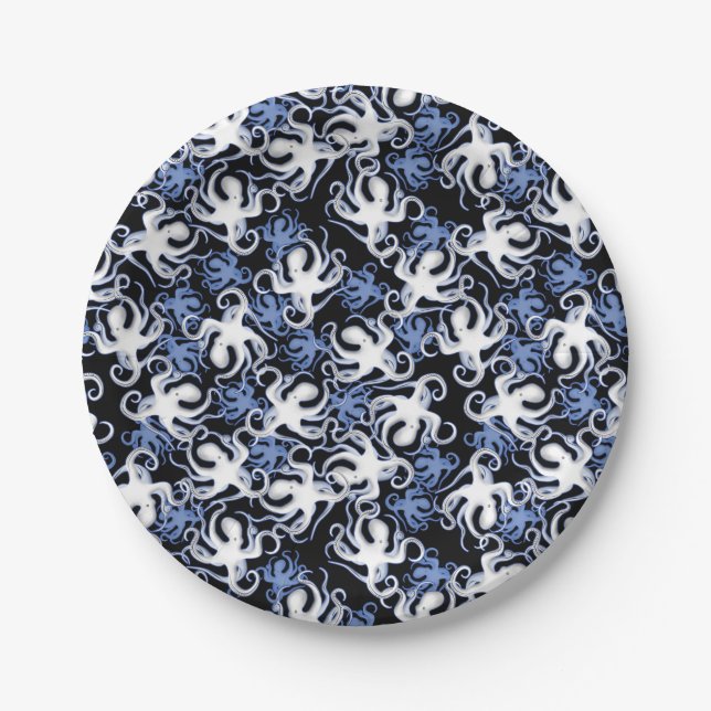 Black, White and Blue Octopus Seamless Pattern Paper Plates (Front)