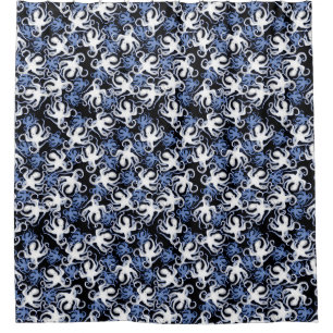 Black, White and Blue Octopus Seamless Pattern Shower Curtain