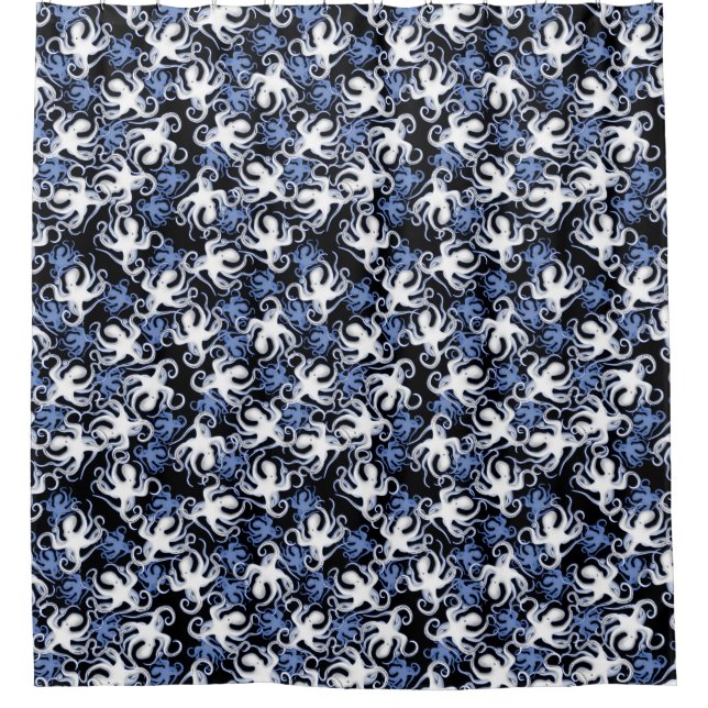 Black, White and Blue Octopus Seamless Pattern Shower Curtain (Front)