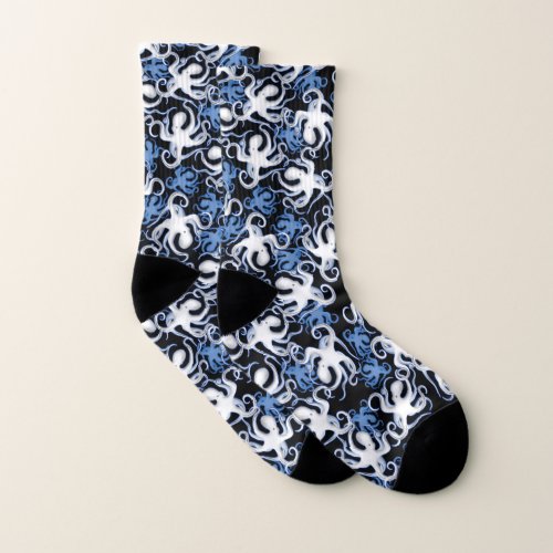 Black White and Blue Octopus Seamless Pattern Socks