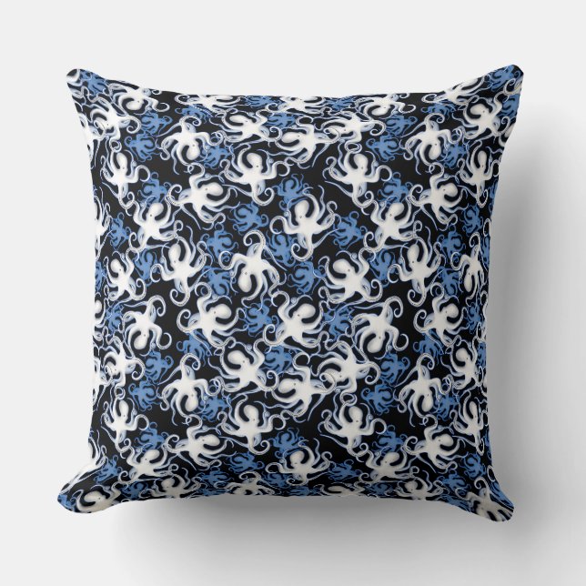 Black, White and Blue Octopus Seamless Pattern Throw Pillow (Front)