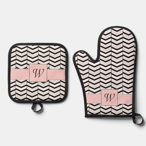 Black White and Blush Chevron Oven Mitt  Pot Holder Set