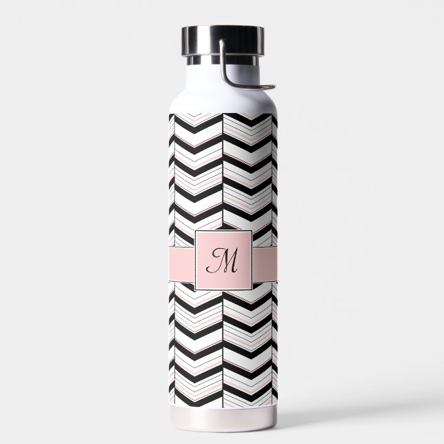 Black White and Blush Chevron Water Bottle (Left)