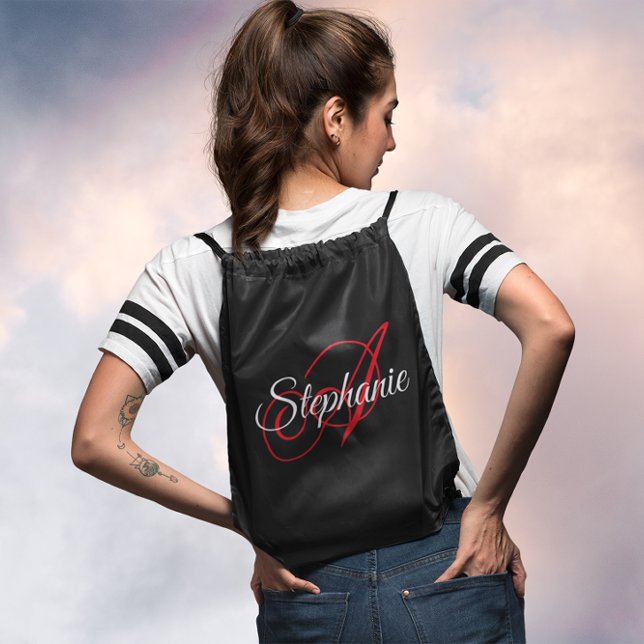 Black White and Bright Red Fancy Monogram Drawstring Bag (Create your own fancy red and white monogram on a drawstring bag for her.)