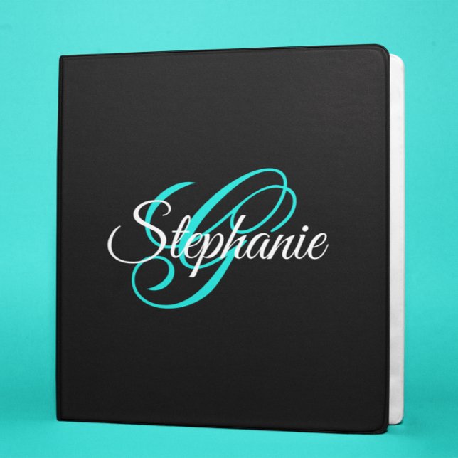 Black White and Bright Turquoise Fancy Monogram 3 Ring Binder (Creator Uploaded)