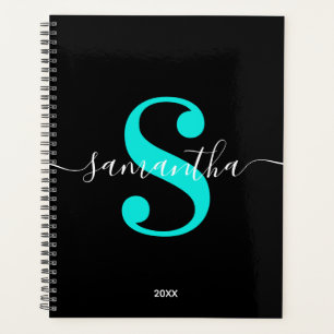 Black White and Bright Turquoise Modern Monogram Planner