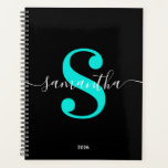 Black White and Bright Turquoise Modern Monogram Planner<br><div class="desc">A monogram in a white trendy style modern calligraphy paired with a bright turquoise modern font. Increase or decrease the font size as needed for your monogram. Customize the minimalist solid black background color. Keep the school year date format, or change to suit your needs. Black, white and vivid turquoise...</div>