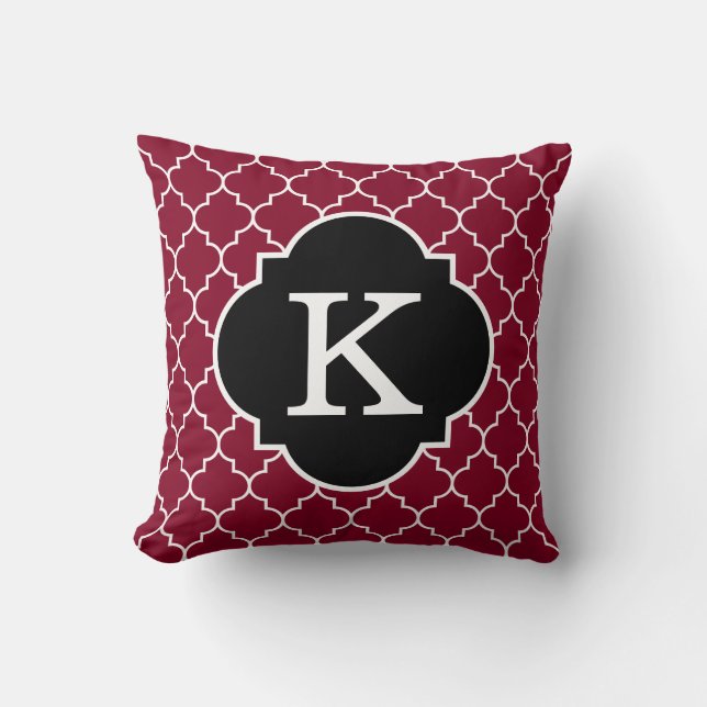 Black White and Burgundy Quatrefoil Monogram Throw Pillow (Front)