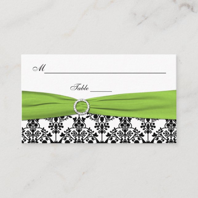 Black, White, and Chartreuse Damask Placecards (Front)