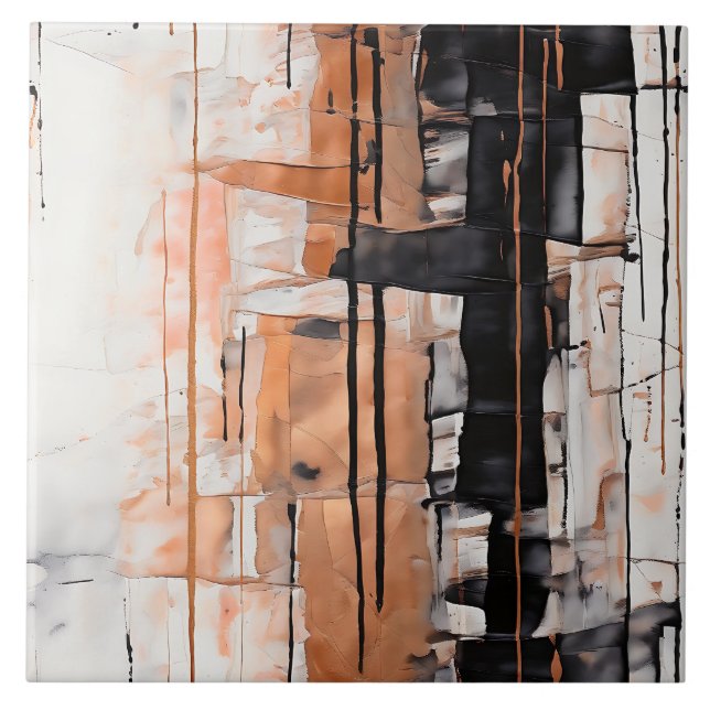 Black, White and Copper Abstract Paint Dripping Ceramic Tile (Front)