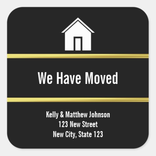 Black White and Faux Gold Moving Announcement Square Sticker