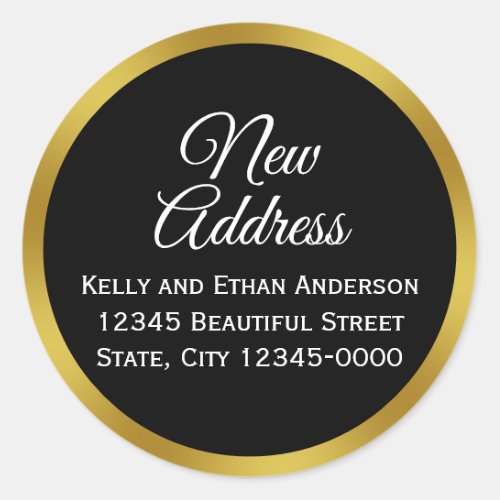 Black White and Faux Gold New Address Classic Round Sticker
