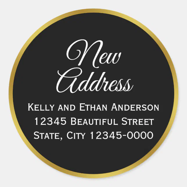 Black, White and Faux Gold New Address Classic Round Sticker | Zazzle