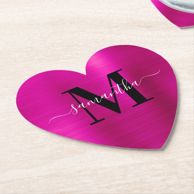 Black White and Faux Hot Pink Foil Heart Paper Coaster (Angled)