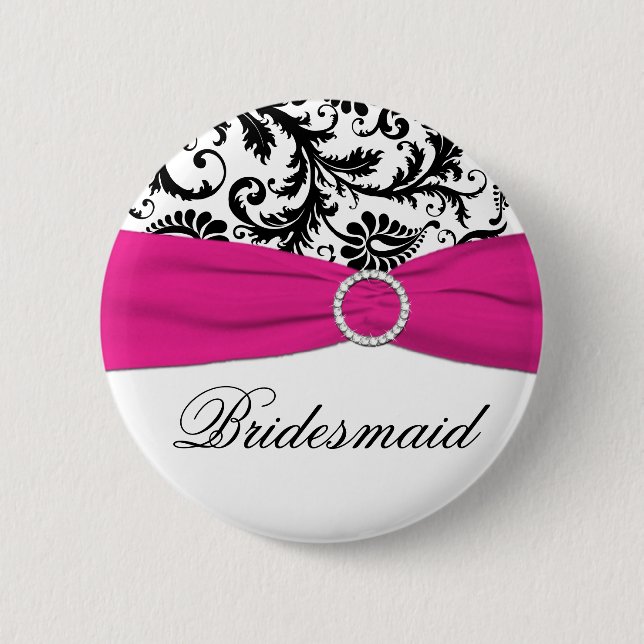Black, White, and Fuchsia Damask Bridesmaid Pin (Front)