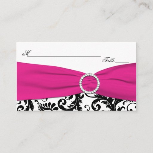 Customizable Black, White, and Fuchsia Damask Placecards Business Card Templates