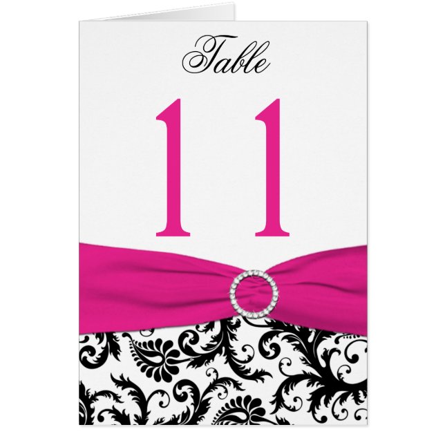 Black, White, and Fuchsia Damask Table Number Card (Front)