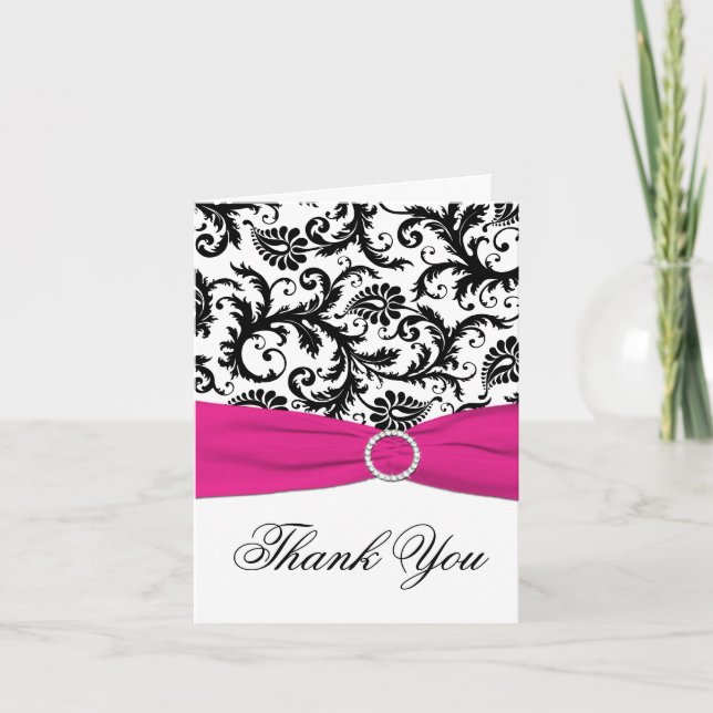 Black, White, and Fuchsia Damask Thank You Card (Front)