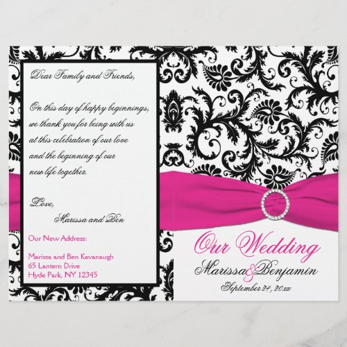 Black White and Fuchsia Damask Wedding Program