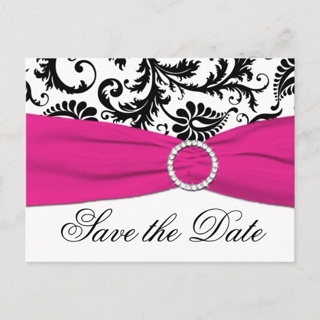 Black, White, and Fuchsia Save the Date Postcard (Front)