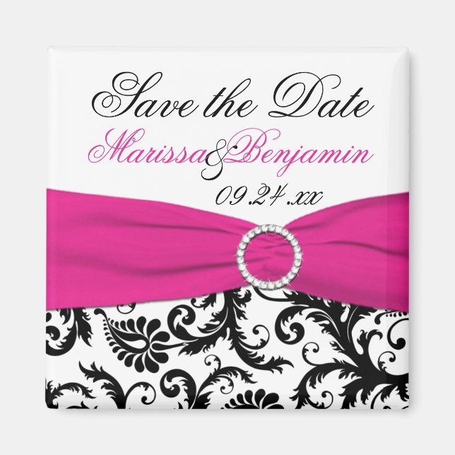 Black, White, and Fuchsia Wedding Favor Magnet (Front)