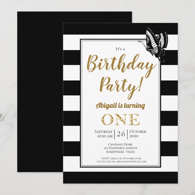 Black White and Gold 1st Birthday Party Invitation (Front/Back)