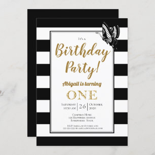 Black White and Gold 1st Birthday Party Invitation