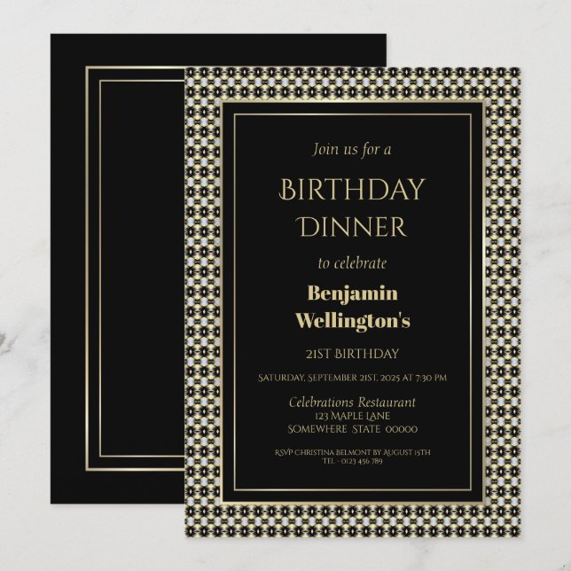 Black White and Gold 21st Birthday Dinner Invitation (Front/Back)