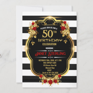 Black ,White and Gold 50th Birthday Invitation