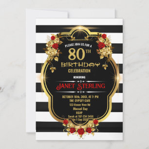 Black ,White and Gold 80th Birthday Invitation