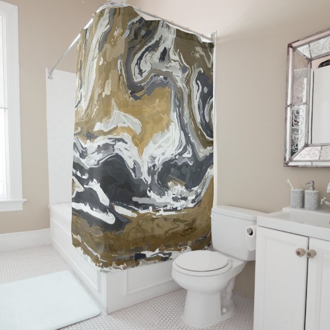 Black, White and Gold Abstract Shower Curtain (In Situ)