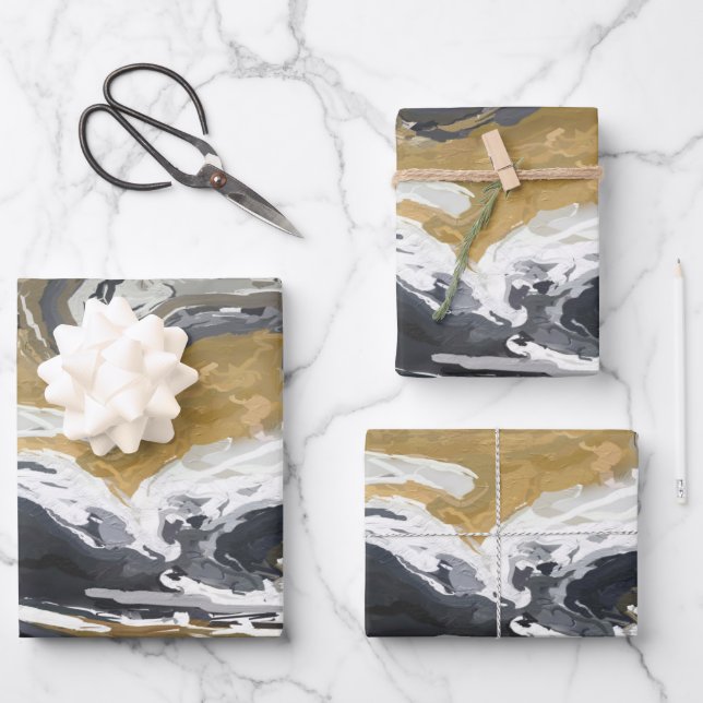 Black, White and Gold Abstract Wrapping Paper Sheets (Front)