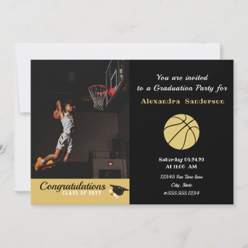 Black White and Gold Basketball graduation  Invitation