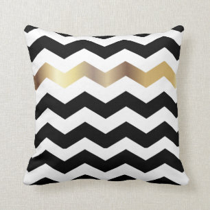 Black, White and Gold Chevron Pattern Throw Pillow