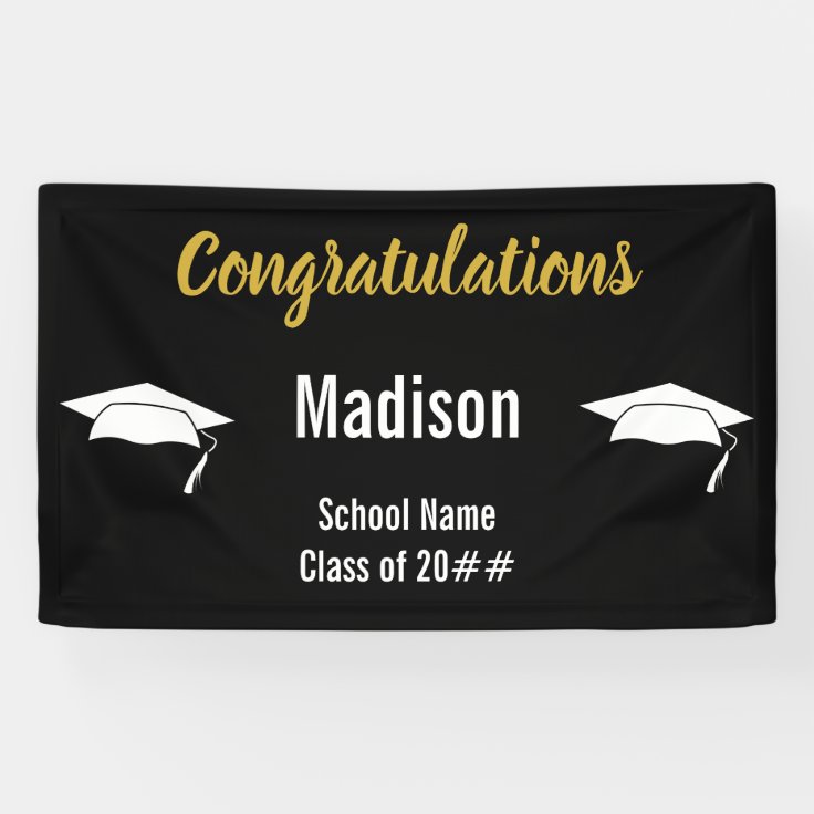 Black White and Gold Congratulations at Graduation Banner | Zazzle