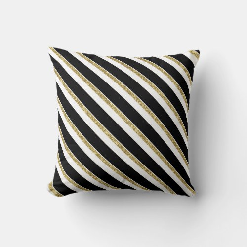 Black White and Gold Diagonal Stripes Pillow