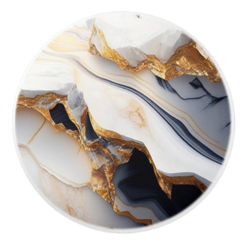 Black White and Gold Faux Marble  Ceramic Knob