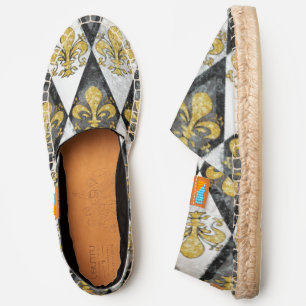 Black white and gold Fleur de Lis diamond Espadrilles