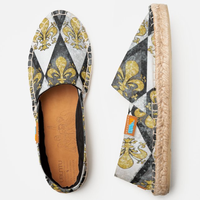 Black white and gold Fleur de Lis diamond  Espadrilles (Side)