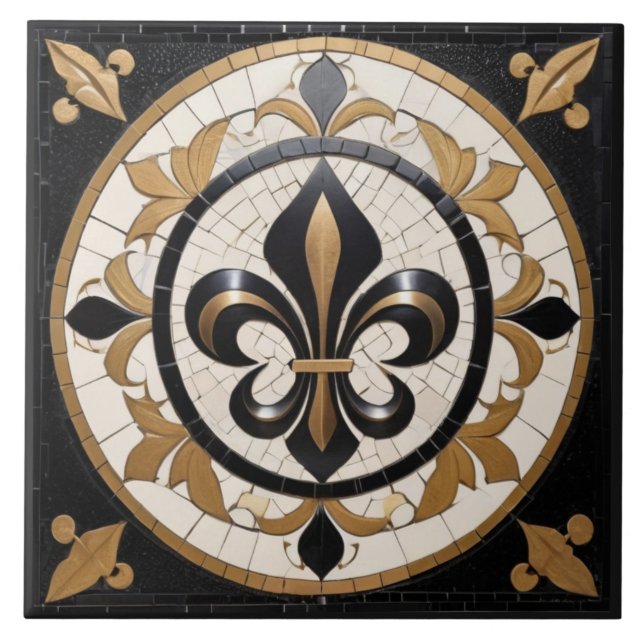 Black White and Gold Fleur de Lis Faux Mosaic Ceramic Tile (Front)